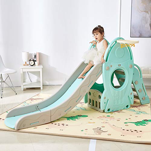 Baby-Vivo-Toboggan-Enfant-Aire-de-jeux-Jeu-dExtrieur-et--lIntrieur-pour-Enfants-Jardin-en-Turquoise-Gris-0-2