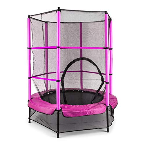 Klarfit-Rocketkid-Trampoline-adapt-au-Jardin-pour-Les-Enfants-de-Plus-de-3-Ans-Surface-de-Saut-de-140cm-Filet-de-scurit-Cordes-Charge-maximale-50-kg-Rebord-rembour-Rose-0