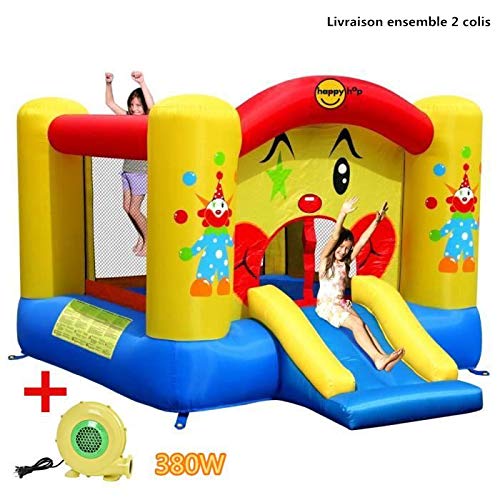 COSTWAY-Aire-de-Jeux-Gonflable-de-Motif-de-Clown-Trampoline-Chteau-Gonflable-avec-Toboggan-pour-Enfant-en-Tissu-Oxford-Equipe-de-Filet-Protecteur-et-Pompe-300-x-225-x-175-0