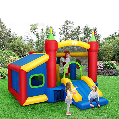 COSTWAY-Chteau-Gonflable-Aire-de-Jeux-en-Nylon-et-Oxford-avec-Toboggan-Panier-Boules-et-Sac-pour-Enfants-380-x-305-x-215-CM-0-2