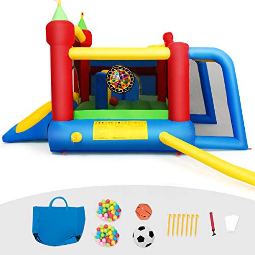 COSTWAY-Chteau-Gonflable-Aire-de-Jeux-en-Nylon-et-Oxford-avec-Toboggan-Panier-Boules-et-Sac-pour-Enfants-380-x-305-x-215-CM-0