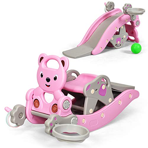 Costway-Toboggan-pour-Enfants-2-en-1-Cheval--Bascule-en-Plastique-Multifonctionnel-Chaise-Amovible-avec-Cerceau-de-BasketballJeu-dAnneaux-40KG-de-Charge-pour-Enfants-1-5-Ans-0
