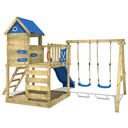 WICKEY-Aire-de-jeux-Smart-Cave-Rouge-Tour-descalade-Maisonnette-de-jeux-avec-balanoire-et-toboggan-grand-bac--sable-et-chelle--grimper-0-0