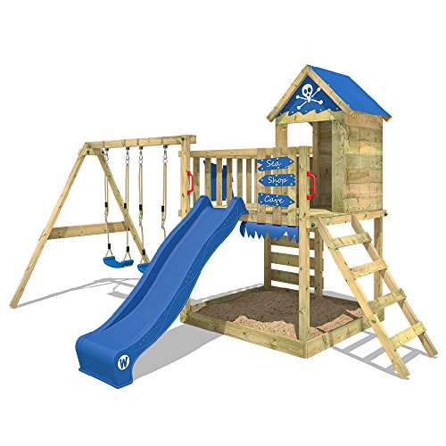 WICKEY-Aire-de-jeux-Smart-Cave-Rouge-Tour-descalade-Maisonnette-de-jeux-avec-balanoire-et-toboggan-grand-bac--sable-et-chelle--grimper-0-2