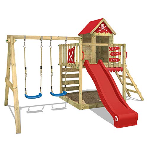 WICKEY-Aire-de-jeux-Smart-Cave-Rouge-Tour-descalade-Maisonnette-de-jeux-avec-balanoire-et-toboggan-grand-bac--sable-et-chelle--grimper-0