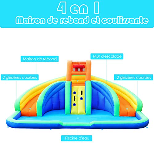 Costway-Chteau-Gonflable-pour-3-Enfants-3-6-Ans-avec-2-Toboggan-Mur-dEscaladePiscine-pour-Enfant-Kit-de-Rparation-Piquet-Charge-Max-80KG-Extrieur-450-x-350-x-200CM-Pompe-Air-Non-Inclus-0-1