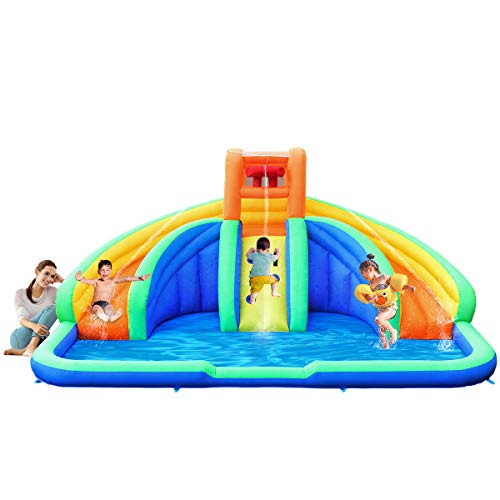 Costway-Chteau-Gonflable-pour-3-Enfants-3-6-Ans-avec-2-Toboggan-Mur-dEscaladePiscine-pour-Enfant-Kit-de-Rparation-Piquet-Charge-Max-80KG-Extrieur-450-x-350-x-200CM-Pompe-Air-Non-Inclus-0