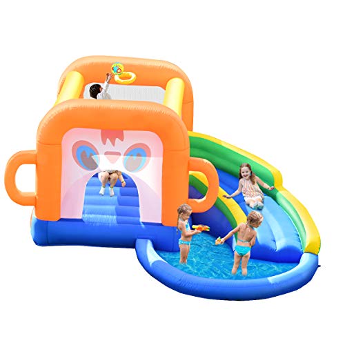 Costway-Chteau-Gonflable-pour-Enfants-Murs-en-Maille-300x200x200CM-Capacit-Max-50KG-avec-Zone-de-SautPanier-de-BasketballToboggan-Incurv-et-PiscinePompe-Air-Non-Inclus-0
