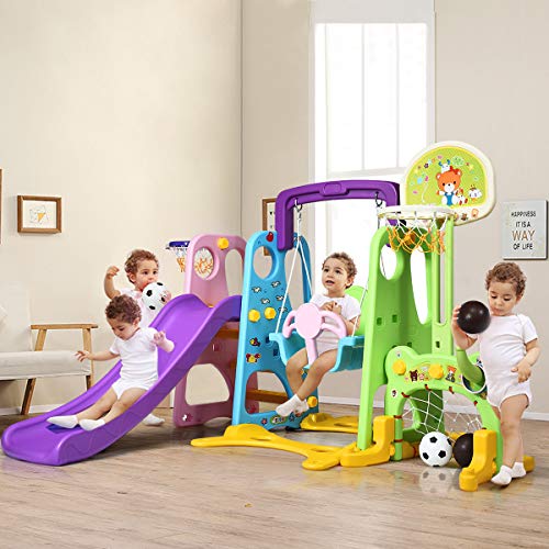 Costway-Ensemble-Toboggan-Escalade-Portique-Aire-de-Jeu-avec-Toboggan-Escalade-Balanoire-Panier-de-Basket-But-de-Foot-Idal-Cadeau-pour-Enfant-0-2