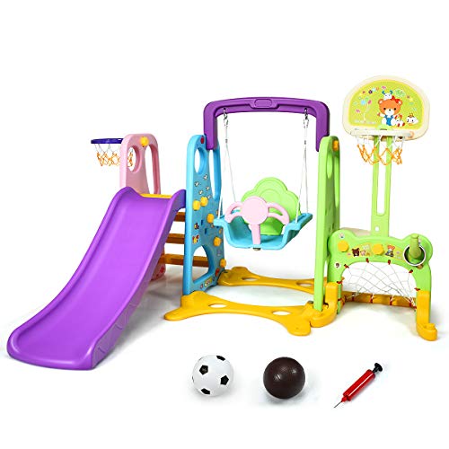Costway-Ensemble-Toboggan-Escalade-Portique-Aire-de-Jeu-avec-Toboggan-Escalade-Balanoire-Panier-de-Basket-But-de-Foot-Idal-Cadeau-pour-Enfant-0