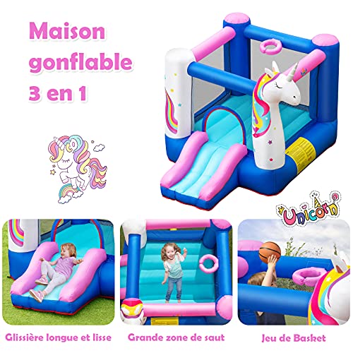 Costway-Aire-de-Jeux-Gonflable-pour-Enfants-3-10-Ans-avec-Toboggan-Panier-de-Basket-Thme-Licorne-Housse-de-Transport-Piquets-Kit-de-Rparation-sans-Souffleur-0-1