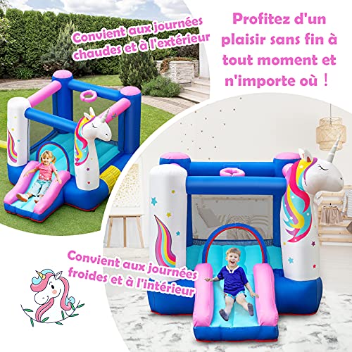 Costway-Aire-de-Jeux-Gonflable-pour-Enfants-3-10-Ans-avec-Toboggan-Panier-de-Basket-Thme-Licorne-Housse-de-Transport-Piquets-Kit-de-Rparation-sans-Souffleur-0-2
