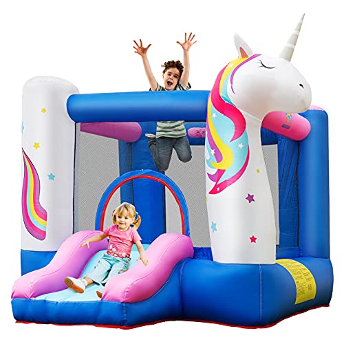 Costway-Aire-de-Jeux-Gonflable-pour-Enfants-3-10-Ans-avec-Toboggan-Panier-de-Basket-Thme-Licorne-Housse-de-Transport-Piquets-Kit-de-Rparation-sans-Souffleur-0