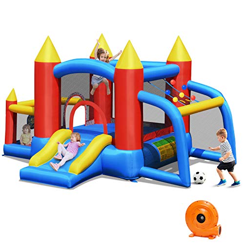 Costway-Chteau-Gonflable-pour-Enfants-avec-Souffleur-400W-450W-Toboggan-60-Boules-ColoresJeux-de-Flchettes-But-de-Football-Sac-de-Transport-Intrieur-et-Extrieur-0