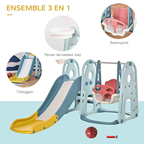 HOMCOM-Portique-Enfant-Toboggan-et-balanoire-avec-Panier-de-Basket-Ball-Aire-de-Jeux-3-en-1-Usage-intrieur-et-extrieur-dim-145-x-190-x-97-cm-0-2