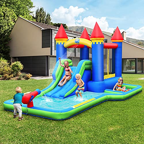 GOPLUS-Chteau-Gonflable-Aire-de-Jeux-Aquatique-Gonflable-avec-Zone-de-SautCanons--Eau-et-Toboggan-pour-Les-Enfants-de-3--8-AnsToboggan-Double-Jusqu-90KGSouffleur-400-450W-Inclus-0-1