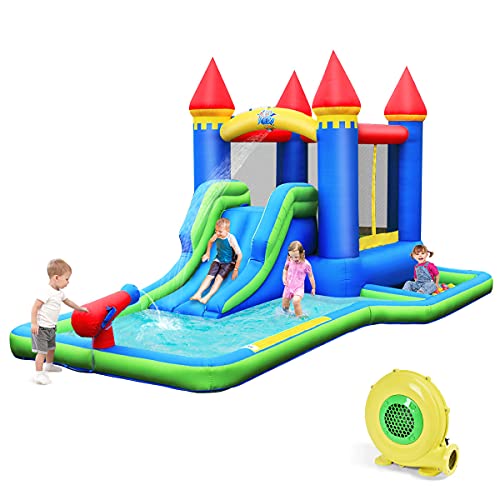 GOPLUS-Chteau-Gonflable-Aire-de-Jeux-Aquatique-Gonflable-avec-Zone-de-SautCanons--Eau-et-Toboggan-pour-Les-Enfants-de-3--8-AnsToboggan-Double-Jusqu-90KGSouffleur-400-450W-Inclus-0