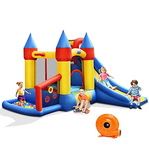 Costway-Chteau-Gonflable-6-en-1-avec-Toboggan-Cercle-de-Basket-Ball-Aire-descalade-Aire-de-Jeu-de-Balles-Inclus-Souffleur-580-610W-pour-Enfants-de-3--10-Ans-Charge-Max-135KG-330x300x210-cm-0