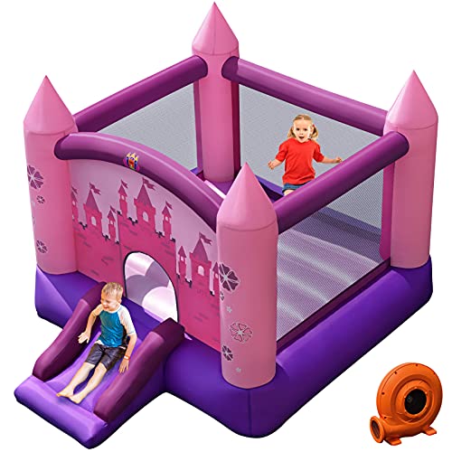 GOPLUS-Chteau-Gonflable-Aire-de-Jeux-pour-Enfant-avec-Zone-de-Saut-et-Toboggan-de-Style-Princess-Jusqu-90KG-2-Enfants-de-3--10-AnsPompe-Aire-Incluse-0-1