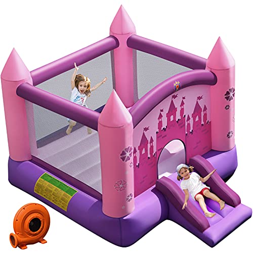 GOPLUS-Chteau-Gonflable-Aire-de-Jeux-pour-Enfant-avec-Zone-de-Saut-et-Toboggan-de-Style-Princess-Jusqu-90KG-2-Enfants-de-3--10-AnsPompe-Aire-Incluse-0-2