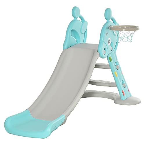 HOMCOM-Toboggan-Enfant-avec-Panier-de-Basket-Ball-Usage-intrieur-et-extrieur-dim-140-x-87-x-75-cm-Bleu-et-Gris-0