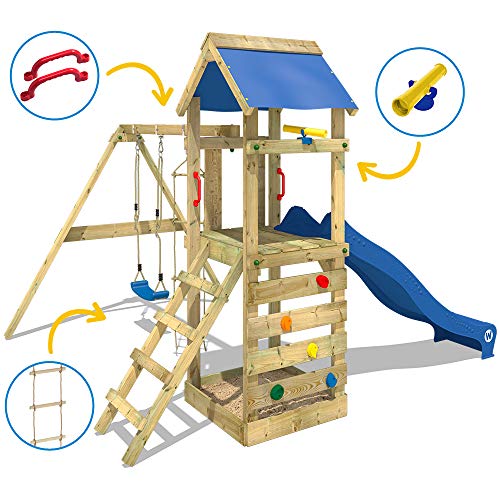 Wickey-Aire-de-Jeux-FreeFlyer-Portique-de-Jeux-en-Bois-Maison-denfants-avec-balanoire-Toboggan-Mur-descalade-chelle-de-Cordes-bac--Sable-Accessoires-0-1