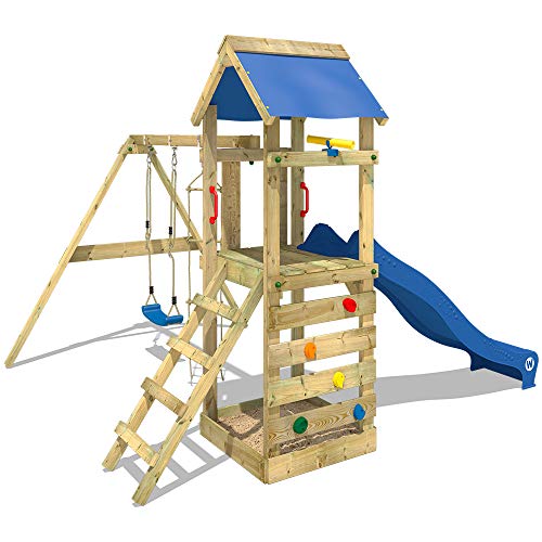 Wickey-Aire-de-Jeux-FreeFlyer-Portique-de-Jeux-en-Bois-Maison-denfants-avec-balanoire-Toboggan-Mur-descalade-chelle-de-Cordes-bac--Sable-Accessoires-0-2