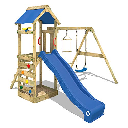 Wickey-Aire-de-Jeux-FreeFlyer-Portique-de-Jeux-en-Bois-Maison-denfants-avec-balanoire-Toboggan-Mur-descalade-chelle-de-Cordes-bac--Sable-Accessoires-0