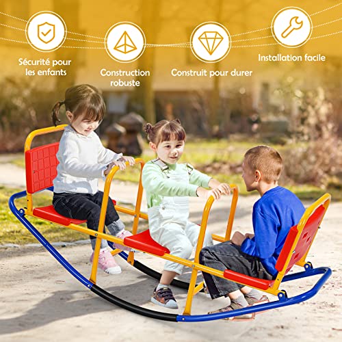 Costway-Bascule-pour-3-Personnes-Balanoire--Bascule-en-Mtal-Trbuchet-avec-Poignes-pour-Enfants-3-8-Ans-Jouet-pour-Intrieur-Extrieur-0-2