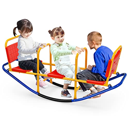 Costway-Bascule-pour-3-Personnes-Balanoire--Bascule-en-Mtal-Trbuchet-avec-Poignes-pour-Enfants-3-8-Ans-Jouet-pour-Intrieur-Extrieur-0