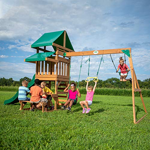 Backyard-Discovery-Belmont-aire-de-jeux-en-bois-Avec-balanoire-toboggan-bac-de-sable-pique-niquer-Maison-enfant-exterieur-0-2