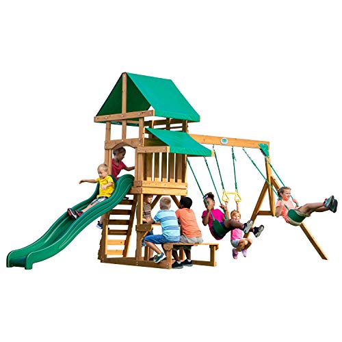 Backyard-Discovery-Belmont-aire-de-jeux-en-bois-Avec-balanoire-toboggan-bac-de-sable-pique-niquer-Maison-enfant-exterieur-0