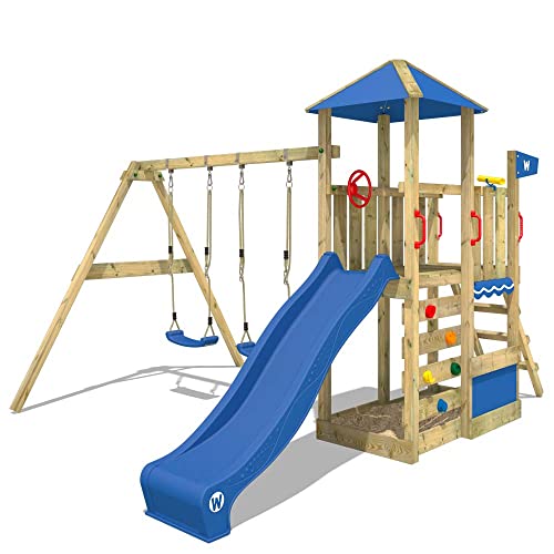 WICKEY-Aire-de-Jeux-Smart-Savana-portique-en-Bois-avec-balanoire-et-Toboggan-Bleu-Tour-descalade-pour-Enfants-avec-bac--Sable-chelle-et-Accessoires-de-Jeu-pour-Le-Jardin-0