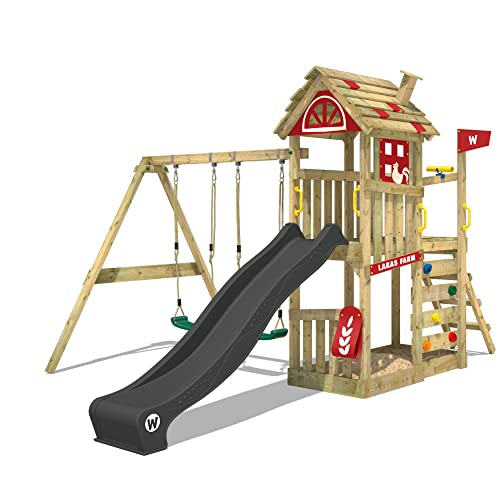 WICKEY-Aire-de-Jeux-FarmFlyer-portique-en-Bois-avec-balanoire-bche-en-Rouge-Toboggan-Anthracite-Tour-descalade-pour-Enfants-avec-bac--Sable-chelle-et-Accessoires-de-Jeu-pour-Le-Jardin-0
