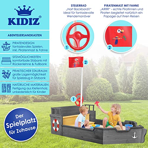 KIDIZ-Bac--Sable-AHOI-Bateau-Pirate-Bateau--Voile-en-Bois-avec-Couvercle-Bche-de-Sol-Banquette-mt-de-Drapeau-Grand-bac--Sable-pour-Le-Jardin-Bote--Sable-dextrieur-0-0