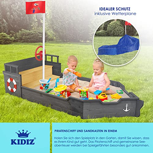 KIDIZ-Bac--Sable-AHOI-Bateau-Pirate-Bateau--Voile-en-Bois-avec-Couvercle-Bche-de-Sol-Banquette-mt-de-Drapeau-Grand-bac--Sable-pour-Le-Jardin-Bote--Sable-dextrieur-0-2