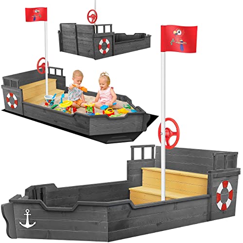 KIDIZ-Bac--Sable-AHOI-Bateau-Pirate-Bateau--Voile-en-Bois-avec-Couvercle-Bche-de-Sol-Banquette-mt-de-Drapeau-Grand-bac--Sable-pour-Le-Jardin-Bote--Sable-dextrieur-0