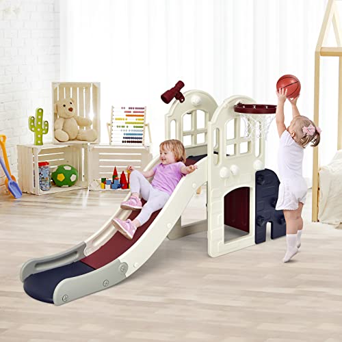 DREAMADE-Toboggan-Enfants-6-en-1-Panier-de-Basket-Escalade-Tunnel-Lancer-dAnneaux-Telescopique-Decoratif-Toboggan-Exterieur-et-Interieur-en-HDPE-pour-3-8-Ans-Balle-Souffleur-Inclus-0-0