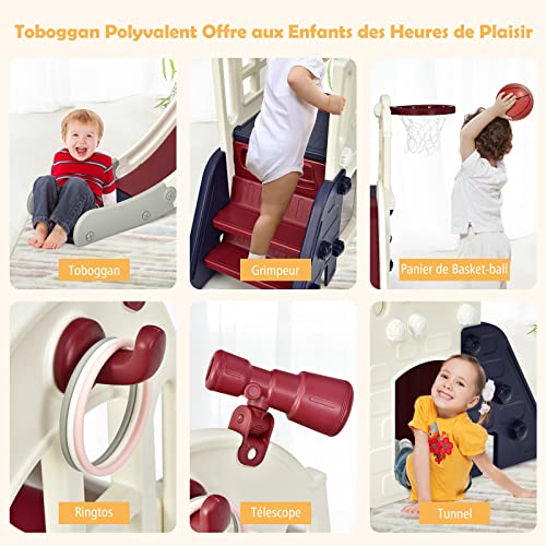 DREAMADE-Toboggan-Enfants-6-en-1-Panier-de-Basket-Escalade-Tunnel-Lancer-dAnneaux-Telescopique-Decoratif-Toboggan-Exterieur-et-Interieur-en-HDPE-pour-3-8-Ans-Balle-Souffleur-Inclus-0-1