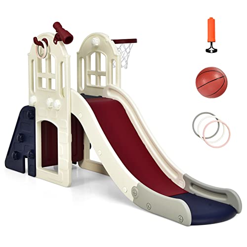 DREAMADE-Toboggan-Enfants-6-en-1-Panier-de-Basket-Escalade-Tunnel-Lancer-dAnneaux-Telescopique-Decoratif-Toboggan-Exterieur-et-Interieur-en-HDPE-pour-3-8-Ans-Balle-Souffleur-Inclus-0