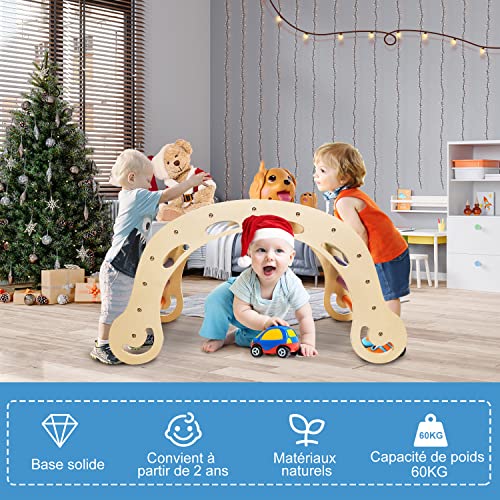 YOLEO-Arche-descalade-Montessori-3-en-1-Bateau-a-Bascule-en-Bois-pour-Enfants-Arc-Bascule-Coloree-Echelle-en-Bois-pour-lentrainement-a-lequilibre-Utilisable-InterieurExterieur-0-1