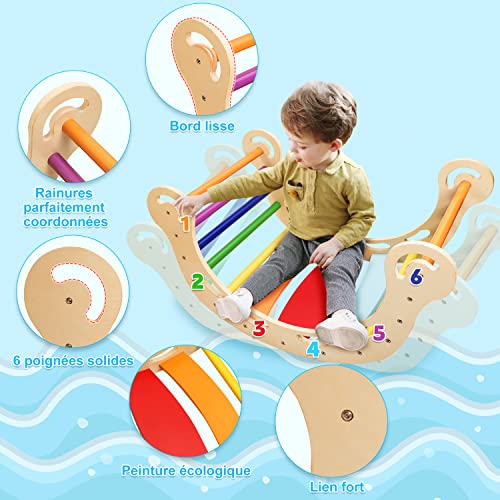 YOLEO-Arche-descalade-Montessori-3-en-1-Bateau-a-Bascule-en-Bois-pour-Enfants-Arc-Bascule-Coloree-Echelle-en-Bois-pour-lentrainement-a-lequilibre-Utilisable-InterieurExterieur-0-2
