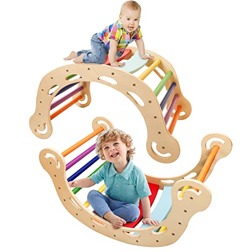 YOLEO-Arche-descalade-Montessori-3-en-1-Bateau-a-Bascule-en-Bois-pour-Enfants-Arc-Bascule-Coloree-Echelle-en-Bois-pour-lentrainement-a-lequilibre-Utilisable-InterieurExterieur-0-3