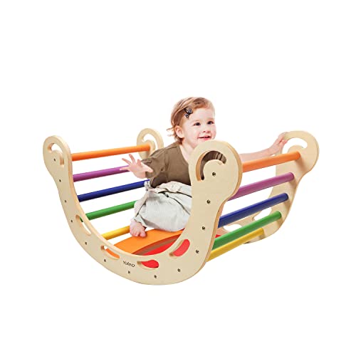 YOLEO-Arche-descalade-Montessori-3-en-1-Bateau-a-Bascule-en-Bois-pour-Enfants-Arc-Bascule-Coloree-Echelle-en-Bois-pour-lentrainement-a-lequilibre-Utilisable-InterieurExterieur-0