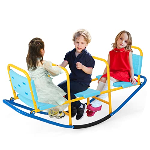DREAMADE-Balancoire-a-Bascule-en-Metal-pour-Enfant-3-8-Ans-Bascule-avec-3-Siege-Trebuchet-avec-Poignees-Dossiers-pour-InterieurExterieur-Salon-et-Cours-0