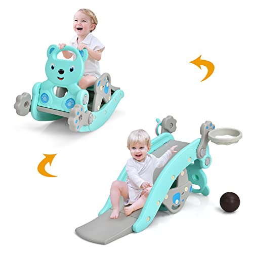 COSTWAY-Toboggan-pour-Enfants-4-en-1-Cheval-a-Bascule-en-Plastique-Multifonctionnel-Chaise-Amovible-avec-Cerceau-de-BasketballJeu-dAnneaux-40KG-de-Charge-pour-Enfants-3-Ans-0