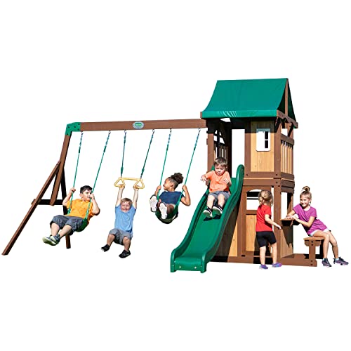 Backyard-Discovery-Lakewood-Maisonnette-en-bois-avec-Balancoires-Toboggan-et-Banc-Bois-de-Cedres-Resistant-aux-Intemperies-Cabane-en-bois-Maisonnette-en-Bois-Exterieur-Couleu-Vert-Marron-0-1