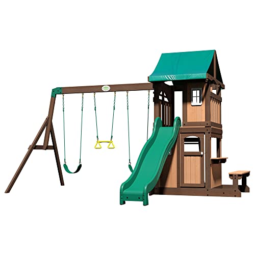 Backyard-Discovery-Lakewood-Maisonnette-en-bois-avec-Balancoires-Toboggan-et-Banc-Bois-de-Cedres-Resistant-aux-Intemperies-Cabane-en-bois-Maisonnette-en-Bois-Exterieur-Couleu-Vert-Marron-0