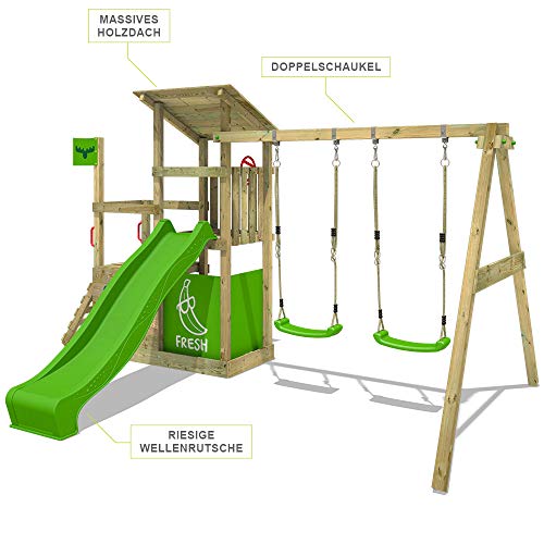 FATMOOSE-Aire-de-Jeux-FruityForest-Fun-XXL-portique-en-Bois-avec-balancoire-et-Toboggan-Tour-descalade-pour-Enfants-avec-bac-a-Sable-echelle-et-Accessoires-de-Jeu-pour-Le-Jardin-0-0