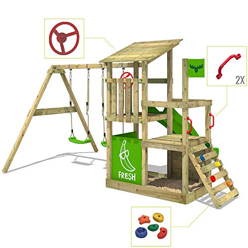 FATMOOSE-Aire-de-Jeux-FruityForest-Fun-XXL-portique-en-Bois-avec-balancoire-et-Toboggan-Tour-descalade-pour-Enfants-avec-bac-a-Sable-echelle-et-Accessoires-de-Jeu-pour-Le-Jardin-0-1